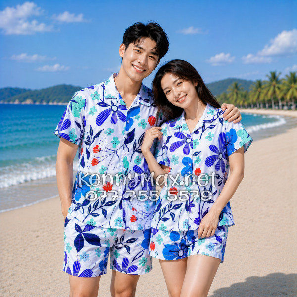 Set Áo Sơ Mi Quần Short Tropical Hoa Tulip Đi Biển Nam Nữ