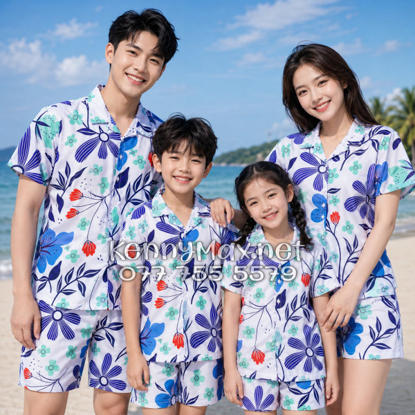 Set Áo Sơ Mi Quần Short Tropical Hoa Tulip Đi Biển Nam Nữ