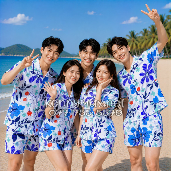 Set Áo Sơ Mi Quần Short Tropical Hoa Tulip Đi Biển Nam Nữ