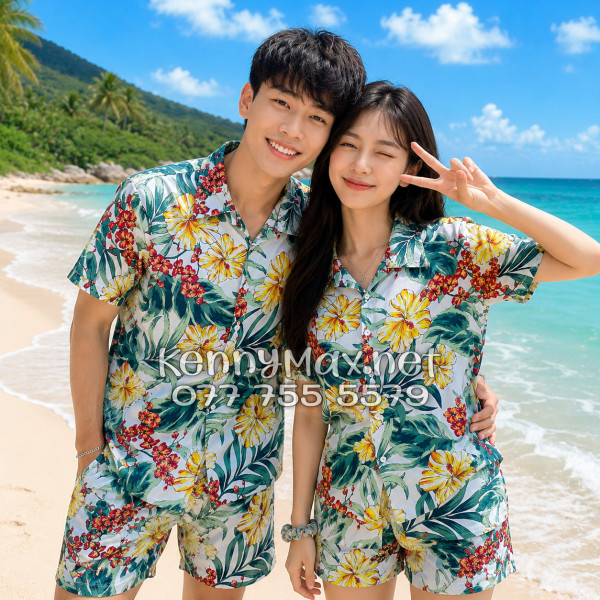 Set Áo Sơ Mi Quần Short Tropical Bông Hoa Dăm Bụt Đi Biển Nam Nữ
