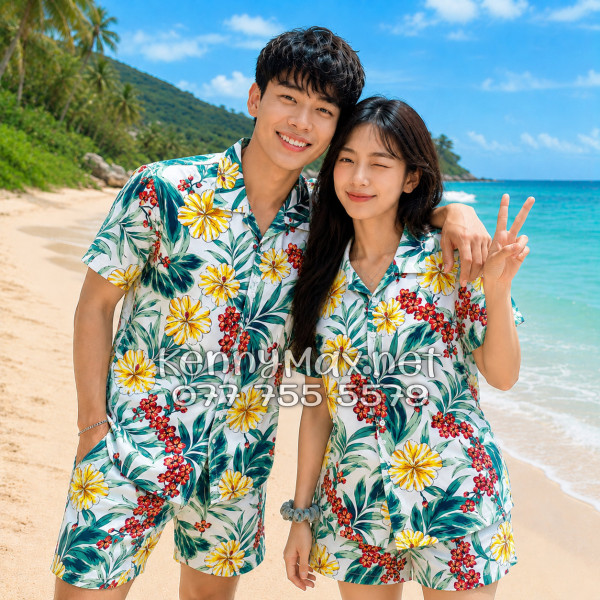 Set Áo Sơ Mi Quần Short Tropical Bông Hoa Dăm Bụt Đi Biển Nam Nữ