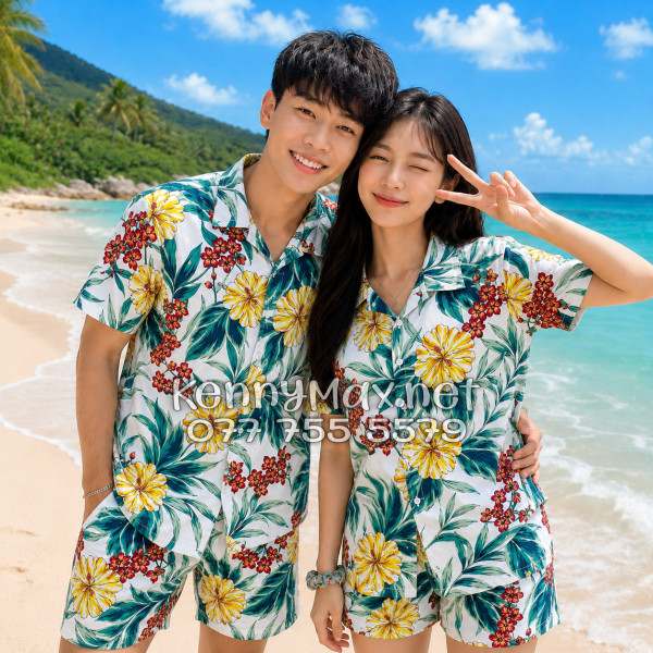 Set Áo Sơ Mi Quần Short Tropical Bông Hoa Dăm Bụt Đi Biển Nam Nữ