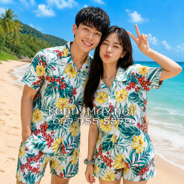 Set Áo Sơ Mi Quần Short Tropical Bông Hoa Dăm Bụt Đi Biển Nam Nữ