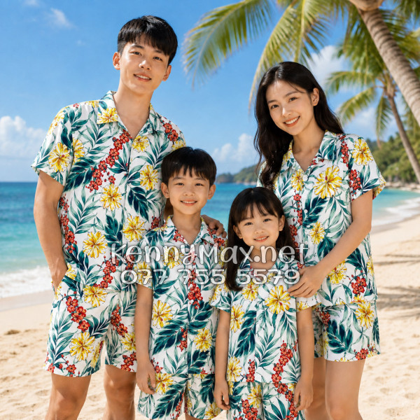 Set Áo Sơ Mi Quần Short Tropical Bông Hoa Dăm Bụt Đi Biển Nam Nữ