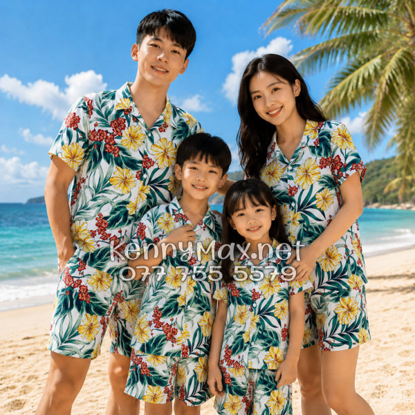 Set Áo Sơ Mi Quần Short Tropical Bông Hoa Dăm Bụt Đi Biển Nam Nữ
