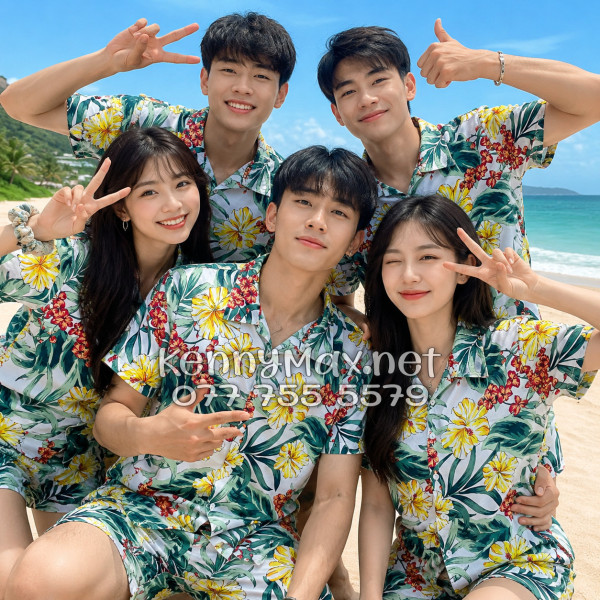 Set Áo Sơ Mi Quần Short Tropical Bông Hoa Dăm Bụt Đi Biển Nam Nữ