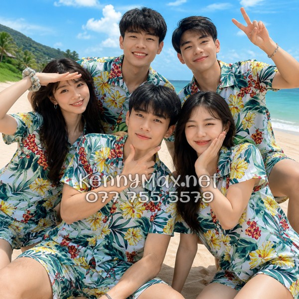Set Áo Sơ Mi Quần Short Tropical Bông Hoa Dăm Bụt Đi Biển Nam Nữ