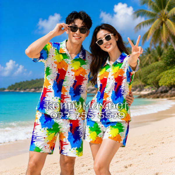 Set Áo Sơ Mi Quần Short Tropical Loan Sơn Đi Biển Nam Nữ