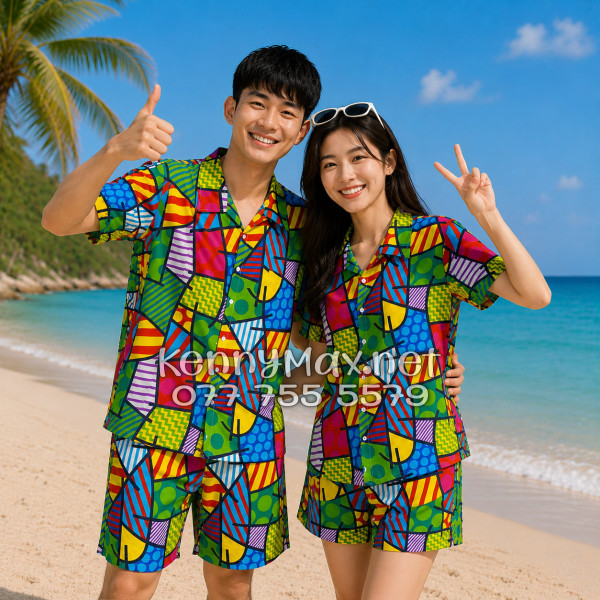 Set Áo Sơ Mi Quần Short Tropical Caro Nhiều Màu Đi Biển Nam Nữ