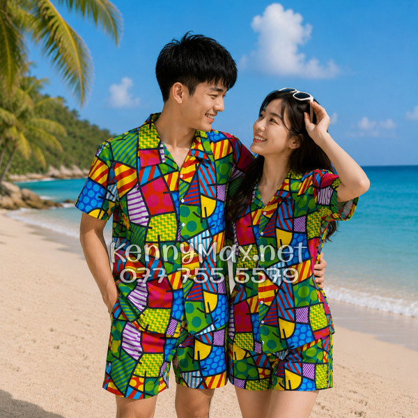 Set Áo Sơ Mi Quần Short Tropical Caro Nhiều Màu Đi Biển Nam Nữ