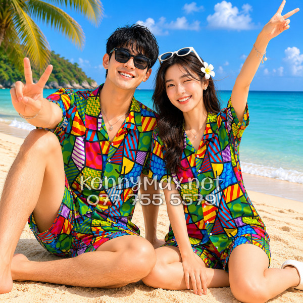 Set Áo Sơ Mi Quần Short Tropical Caro Nhiều Màu Đi Biển Nam Nữ