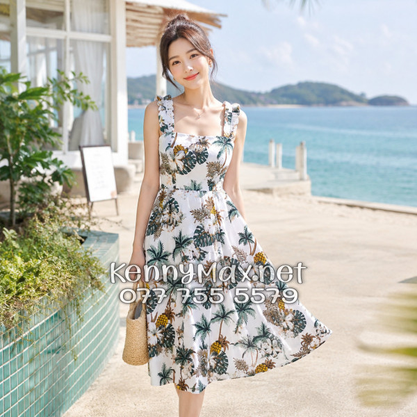 Đầm Nữ Du Lịch Vải Kate Thái Tropical Thơm Dứa Cây Dừa