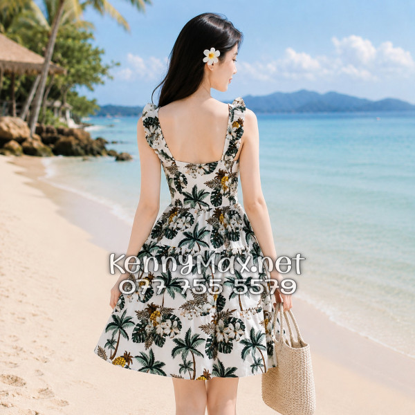 Đầm Nữ Du Lịch Vải Kate Thái Tropical Thơm Dứa Cây Dừa