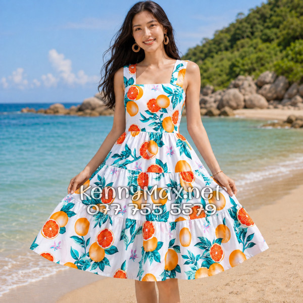 Váy Đầm Nữ Du Lịch Kate Thái Họa Tiết Trái Cam Lá Xanh