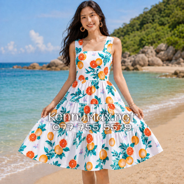 Váy Đầm Nữ Du Lịch Kate Thái Họa Tiết Trái Cam Lá Xanh