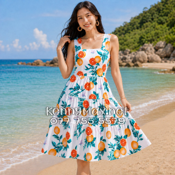 Váy Đầm Nữ Du Lịch Kate Thái Họa Tiết Trái Cam Lá Xanh