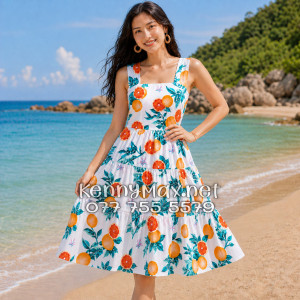 Váy Đầm Nữ Du Lịch Kate Thái Họa Tiết Trái Cam Lá Xanh