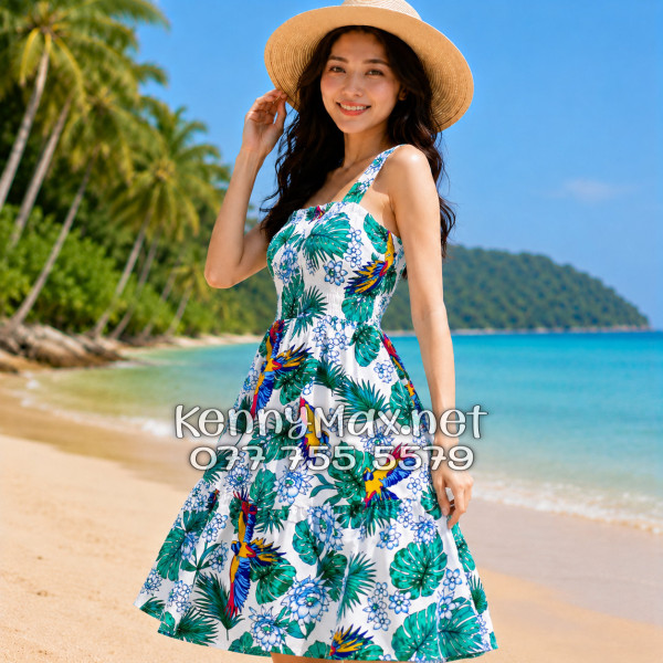 Đầm Nữ Du Lịch Kate Thái Họa Tiết Chim Vẹt Lá Xanh