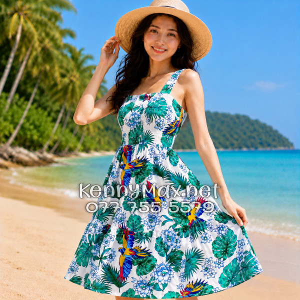 Đầm Nữ Du Lịch Kate Thái Họa Tiết Chim Vẹt Lá Xanh
