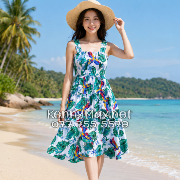 Đầm Nữ Du Lịch Kate Thái Họa Tiết Chim Vẹt Lá Xanh