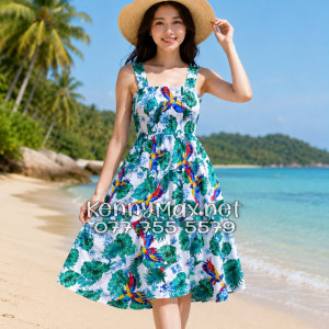 Đầm Nữ Du Lịch Kate Thái Họa Tiết Chim Vẹt Lá Xanh