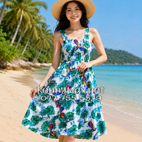 Đầm Nữ Du Lịch Kate Thái Họa Tiết Chim Vẹt Lá Xanh