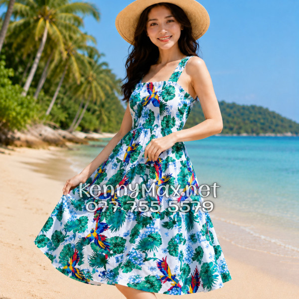 Đầm Nữ Du Lịch Kate Thái Họa Tiết Chim Vẹt Lá Xanh