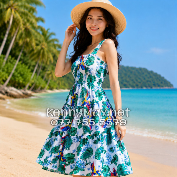 Đầm Nữ Du Lịch Kate Thái Họa Tiết Chim Vẹt Lá Xanh