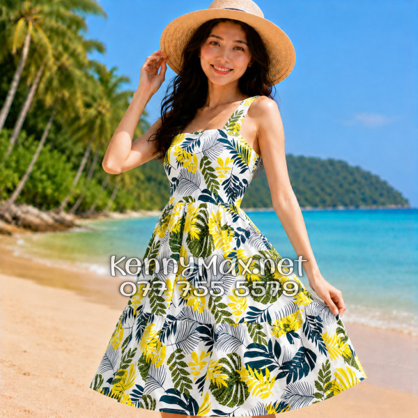 Đầm Nữ Du Lịch Kate Thái Họa Tiết Lá Vàng Xanh
