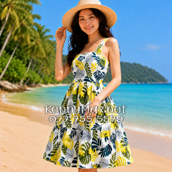 Đầm Nữ Du Lịch Kate Thái Họa Tiết Lá Vàng Xanh