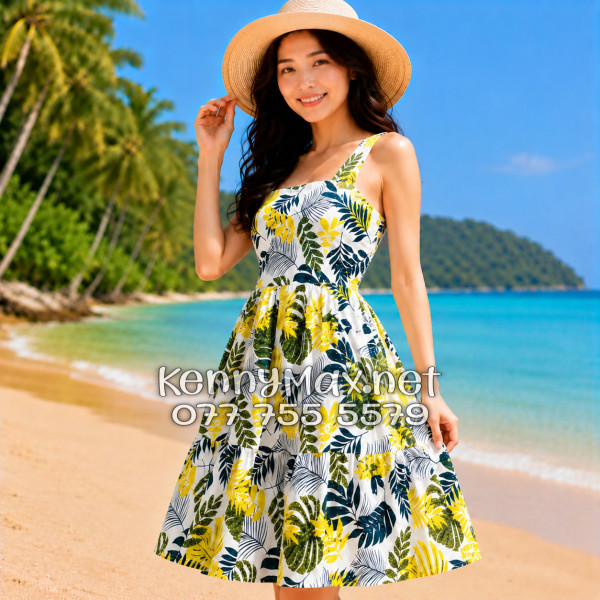 Đầm Nữ Du Lịch Kate Thái Họa Tiết Lá Vàng Xanh