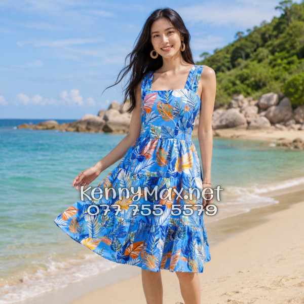 Đầm Nữ Du Lịch Kate Thái Họa Tiết Lá Môn Nền Xanh